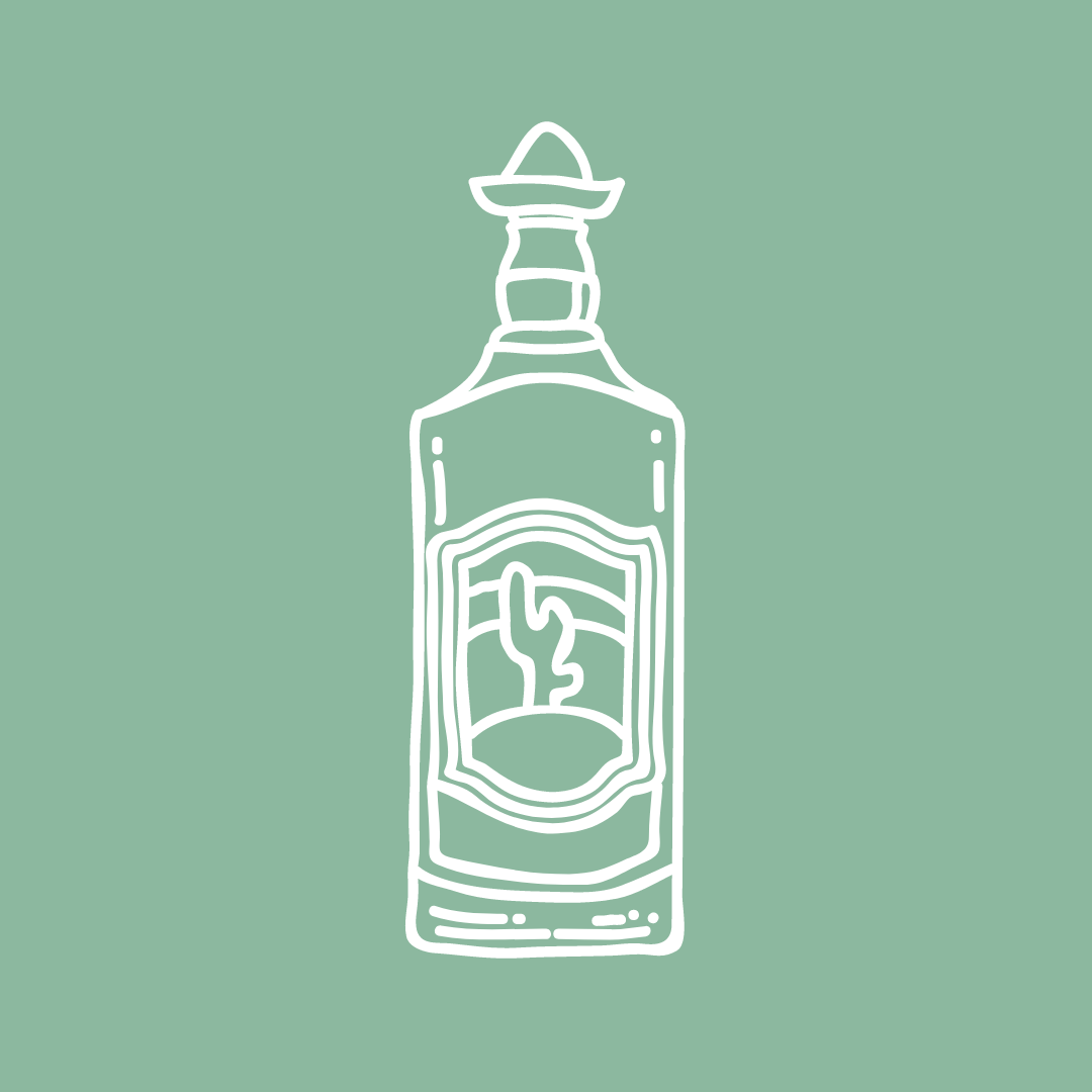 White line illustration of a tequila bottle with sombrero cap on mint green background.