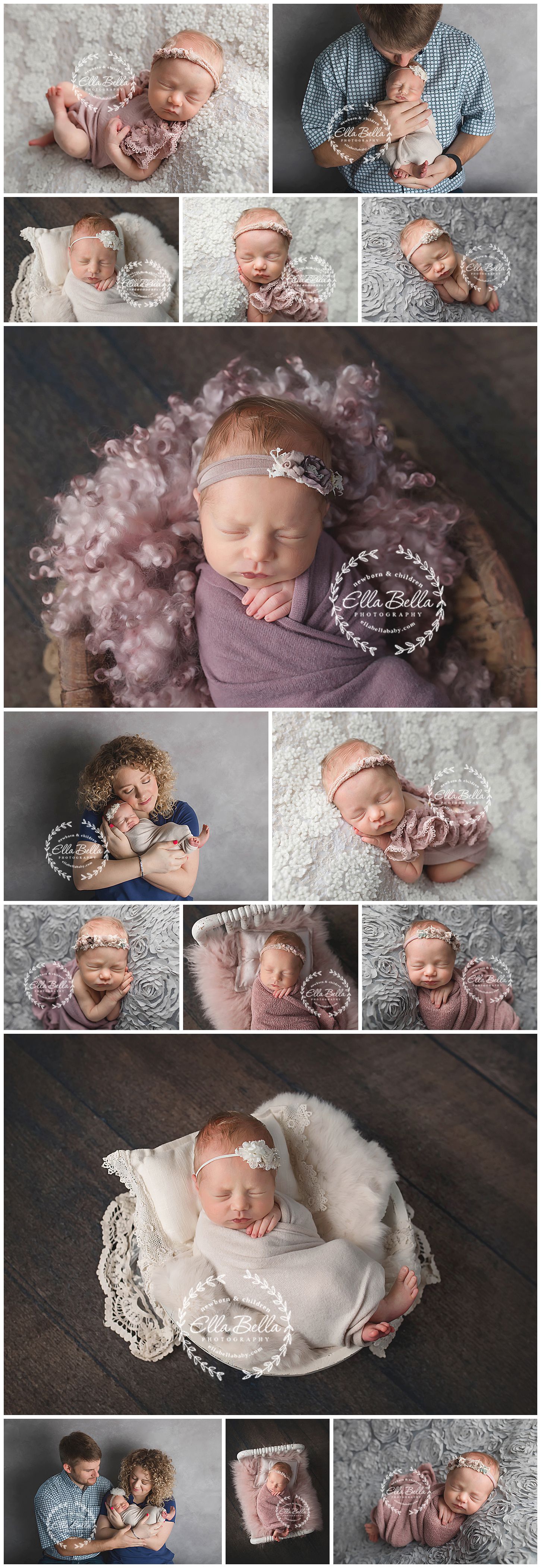 Collection of newborn portraits featuring soft pink tones and family moments.
