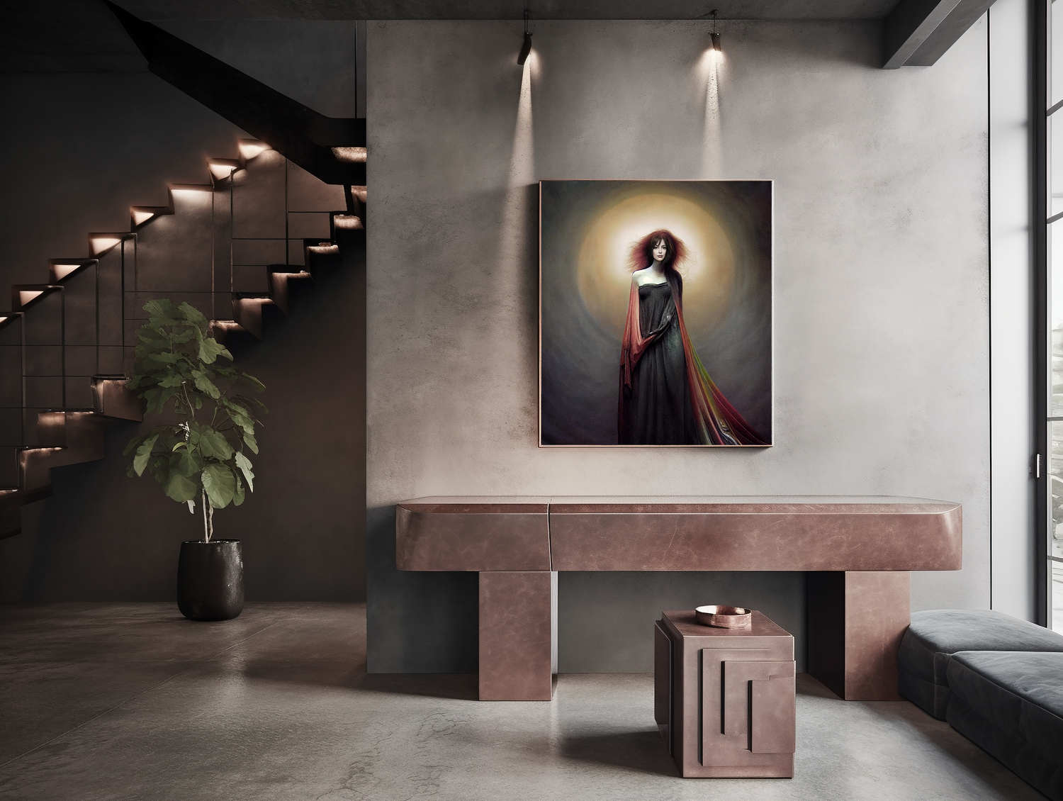 Contemporary interior with floating staircase and large portrait artwork on concrete wall.