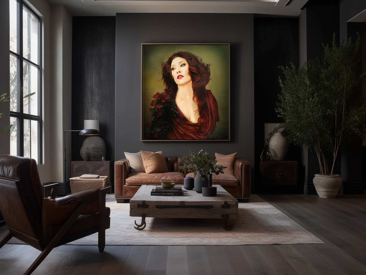 Modern living room with dark walls featuring large dramatic portrait above brown leather sofa.