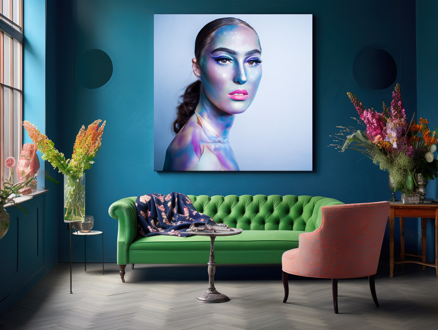 Moody fashion photograph with teal walls, green velvet couch, and dramatic floral arrangements in a luxurious setting.