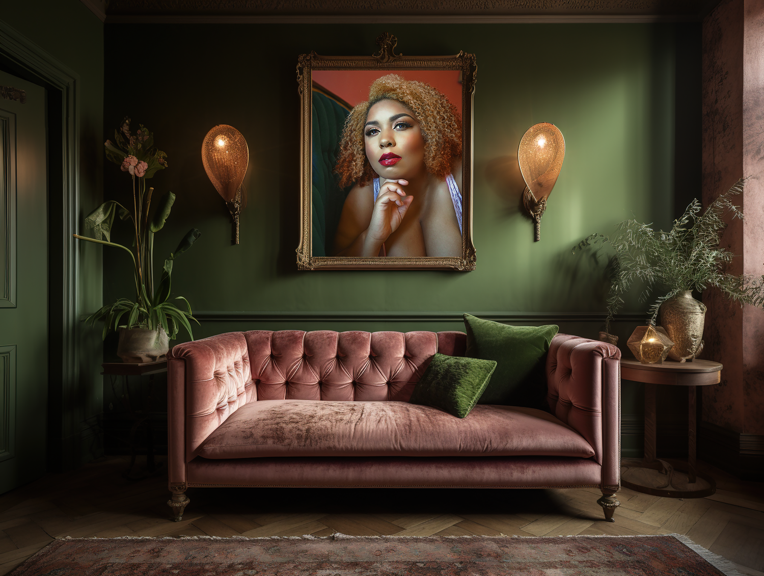 Vintage-style living room with pink velvet sofa, green walls, and dramatic portrait artwork.