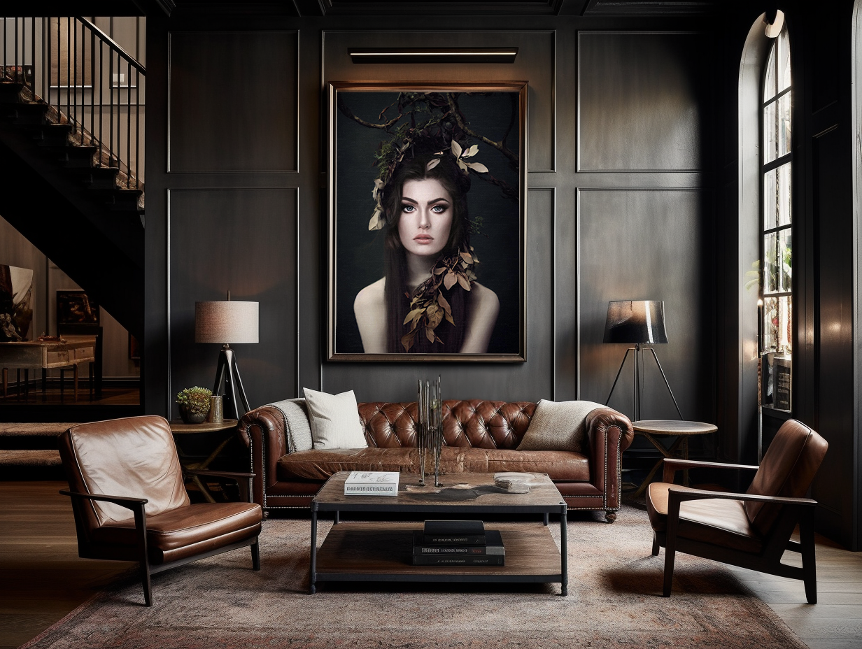 Elegant living room with vintage leather furniture and dramatic portrait in dark moody setting.