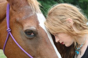 A person with blonde hair shares a tender moment with a brown horse wearing a purple halter.