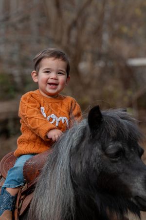 A small rider in an orange sweater sits happily atop a black pony with a long flowing mane outdoors.