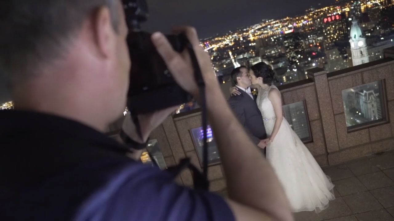 wedding photography on a Philadelphia rooftop at night