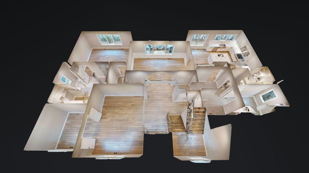 3D floor plan view of modern apartment layout with multiple rooms shown from above.