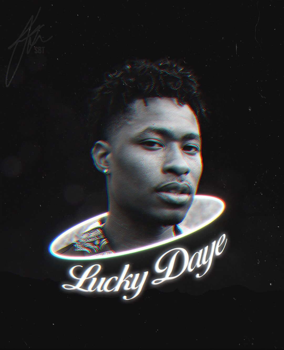 Stylized portrait with retro neon halo effect and Lucky Daye text overlay.