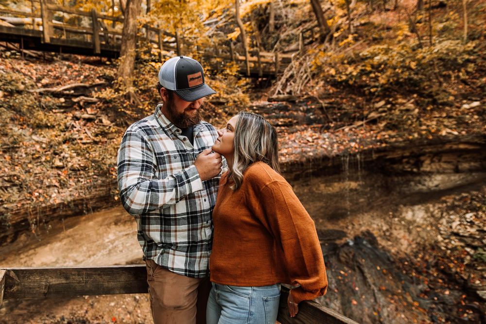 Engagement photos in front of Bridal Veil Falls
