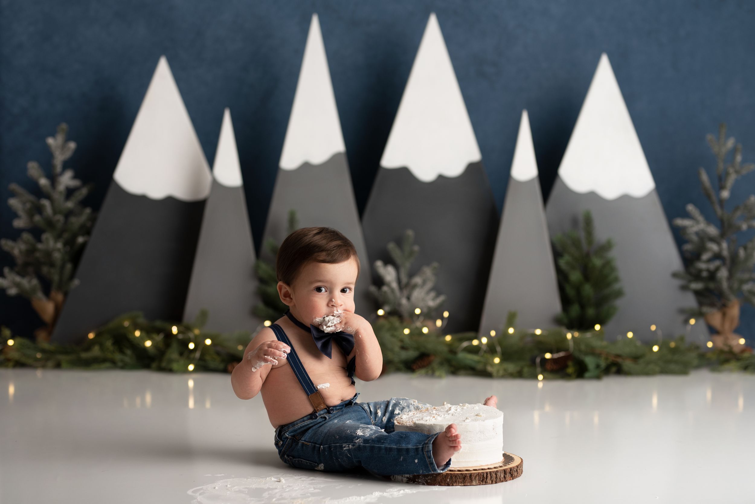 Rustic woodland cake smash first birthday Colorado snow capped mountains theme