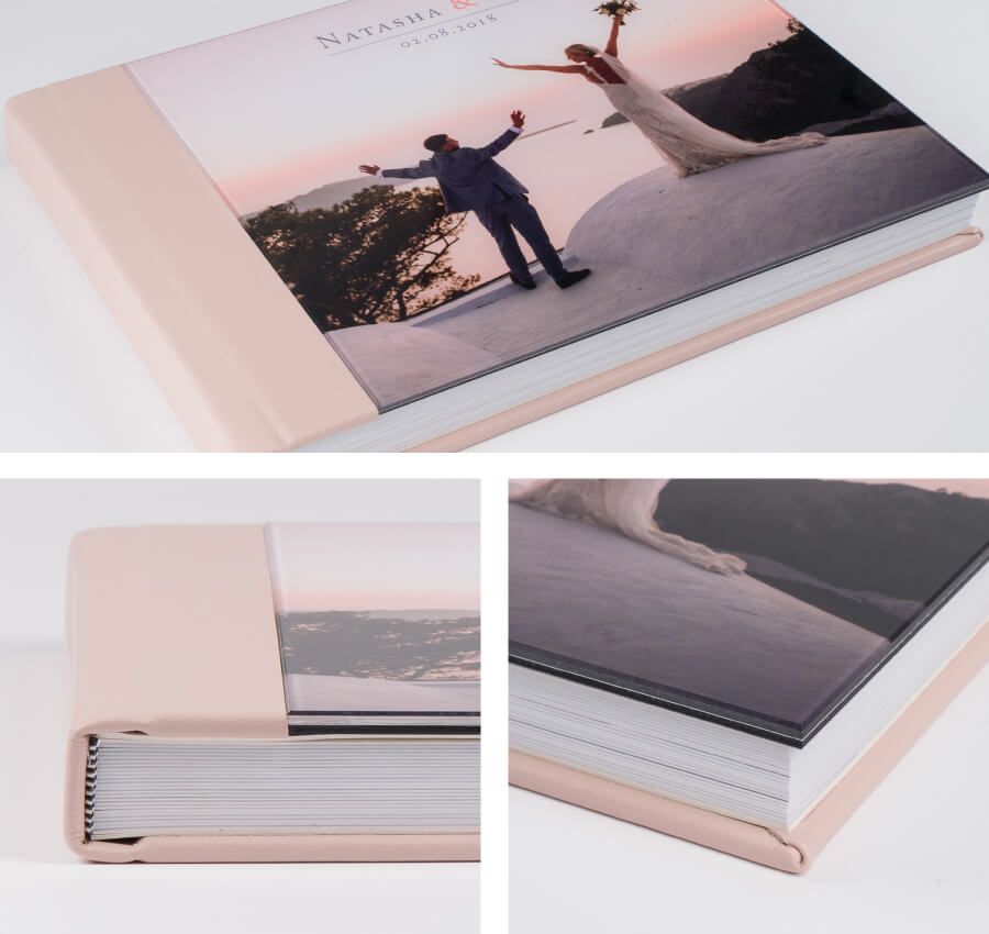 Wedding photo album with panoramic cover image shown from multiple angles.