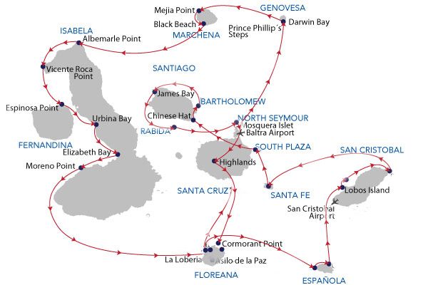 Detailed travel route map of the Galapagos Islands showing multiple stop points and destinations.