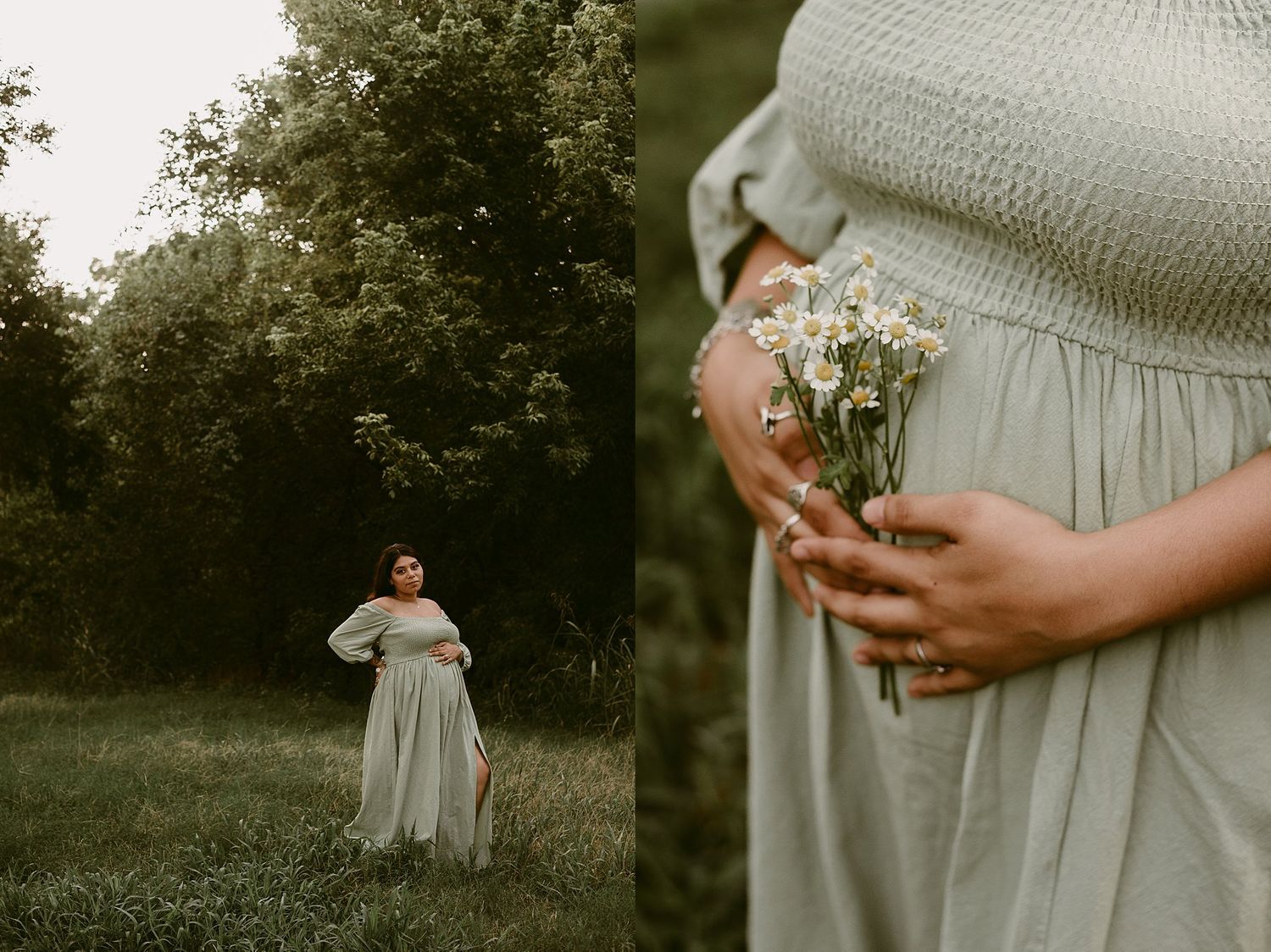 A soft focus portrait in a grassy field shows someone wearing a light gray empire waist dress holding delicate flowers.