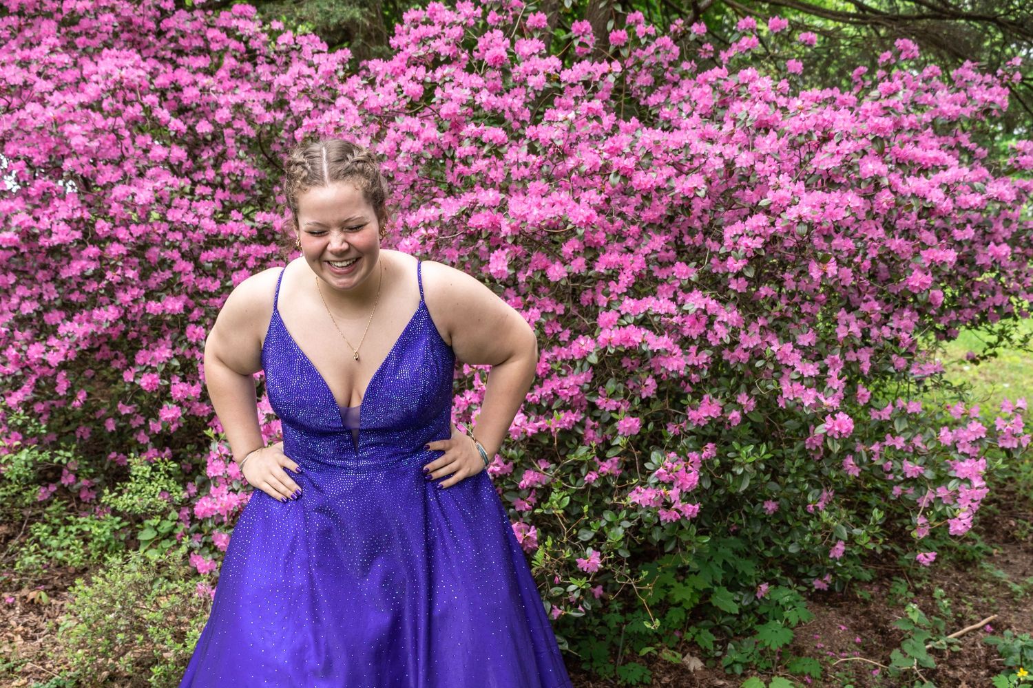 A formal purple dress stands out against a backdrop of vibrant pink flowering bushes in a garden setting.