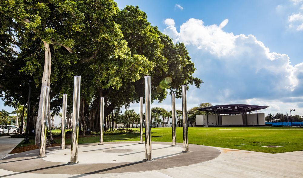 Tree-lined pathway with palm trees and green landscaping under blue sky.