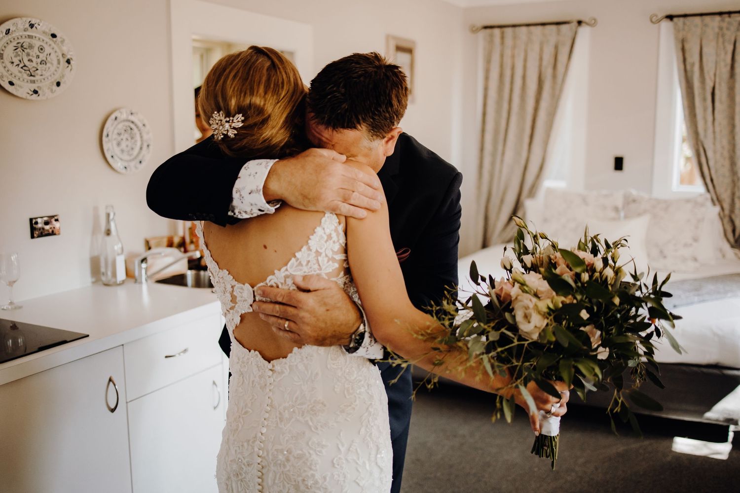 Series of candid wedding preparation photographs in a bright interior space.