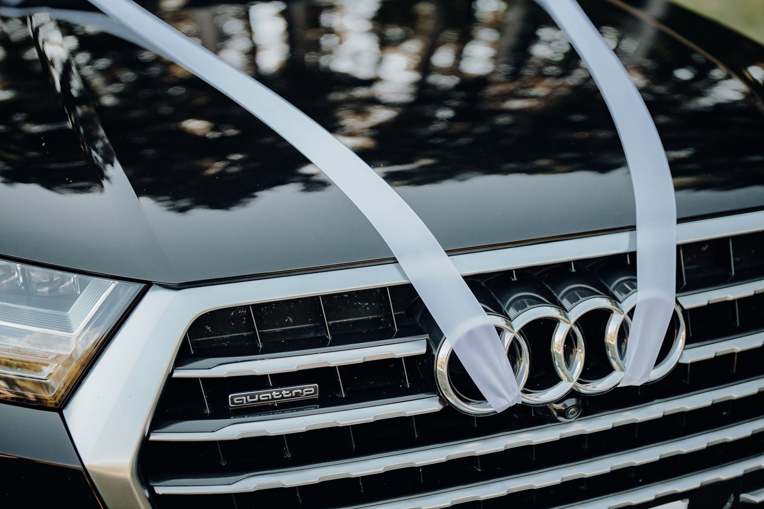 Close-up detail of an Audi grille with white wedding ribbons attached.