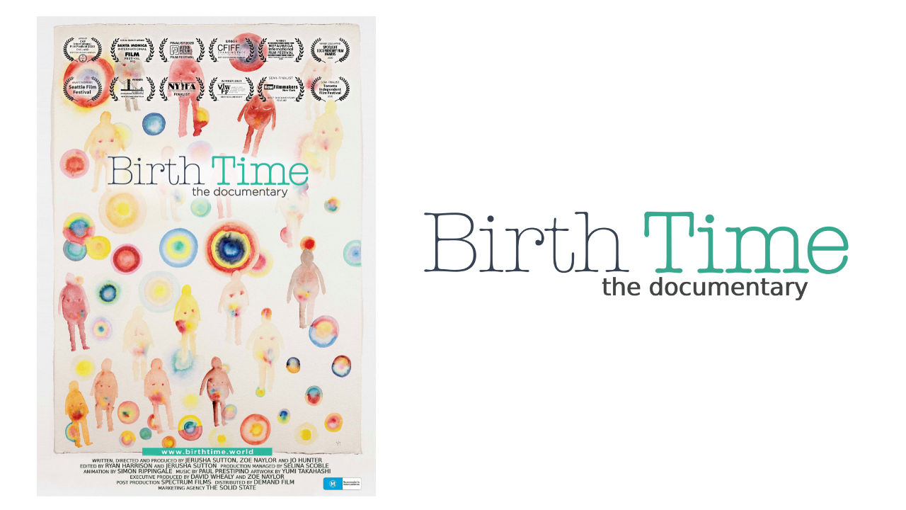 Documentary movie poster for Birth Time featuring colorful dots and abstract shapes on a light background.
