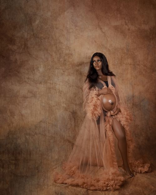 Dramatic maternity portrait in flowing peach gown against textured brown backdrop.
