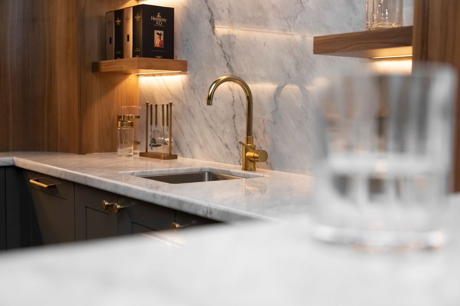 wet bar photo glass and brass hardware