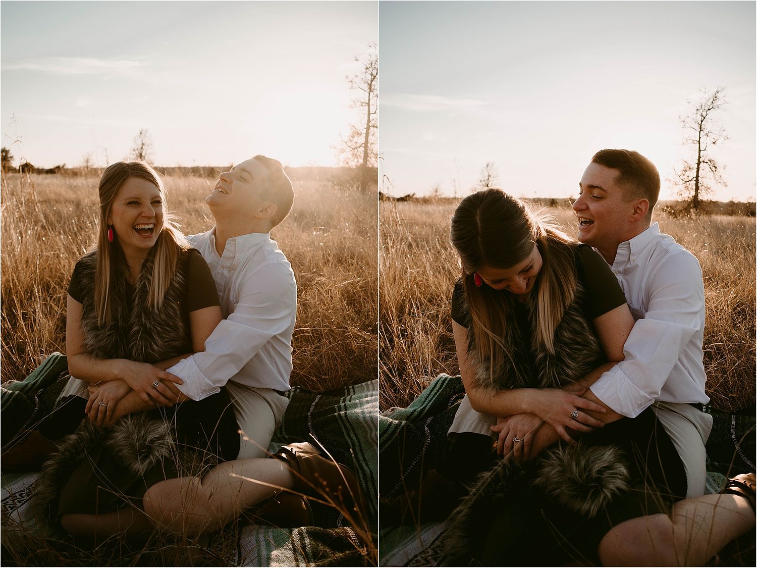 Playful couple shares joyful moments while sitting in tall grass.