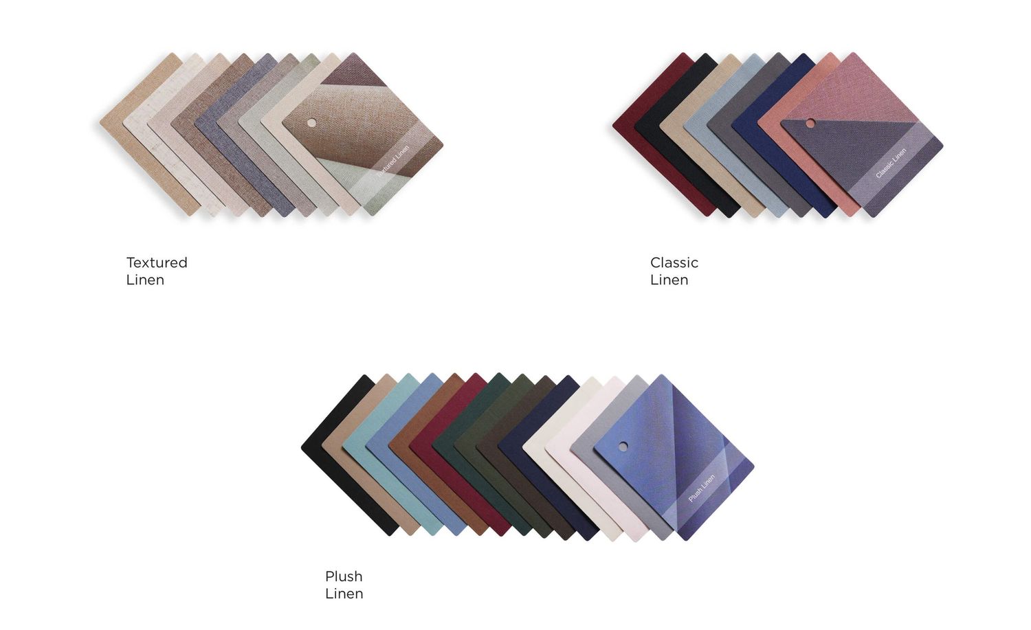 Display of fabric swatches arranged in rows showing various color options.