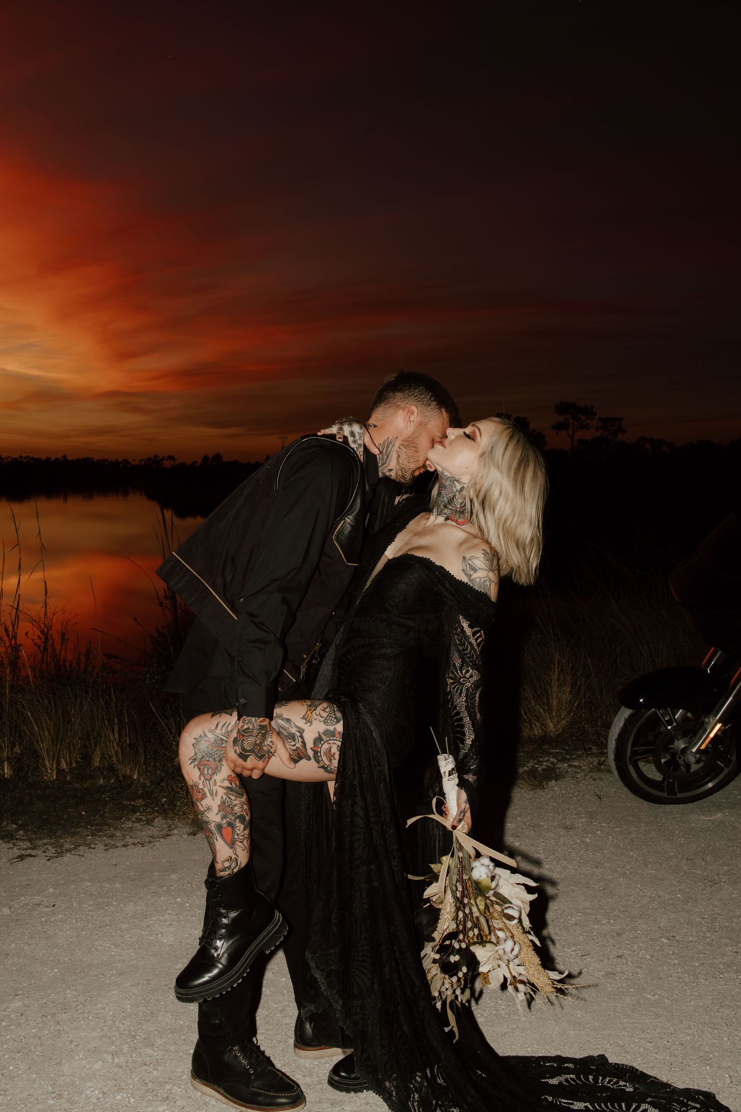Biker couple eloping during sunset taken by South Florida Elopement Photographer Lemon and Honey Co.