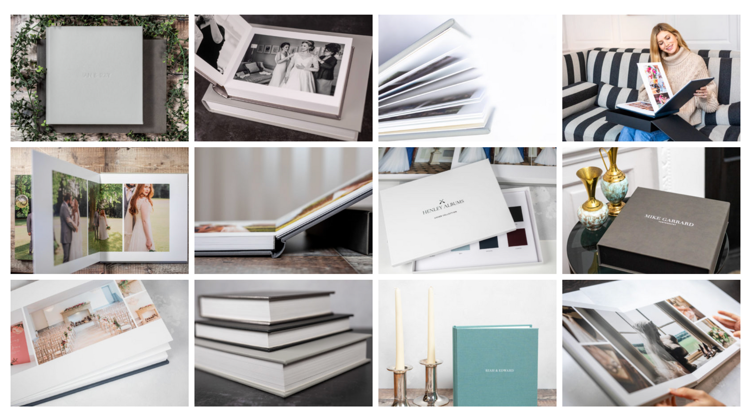 Professional photography album and print product collection displayed on white background.