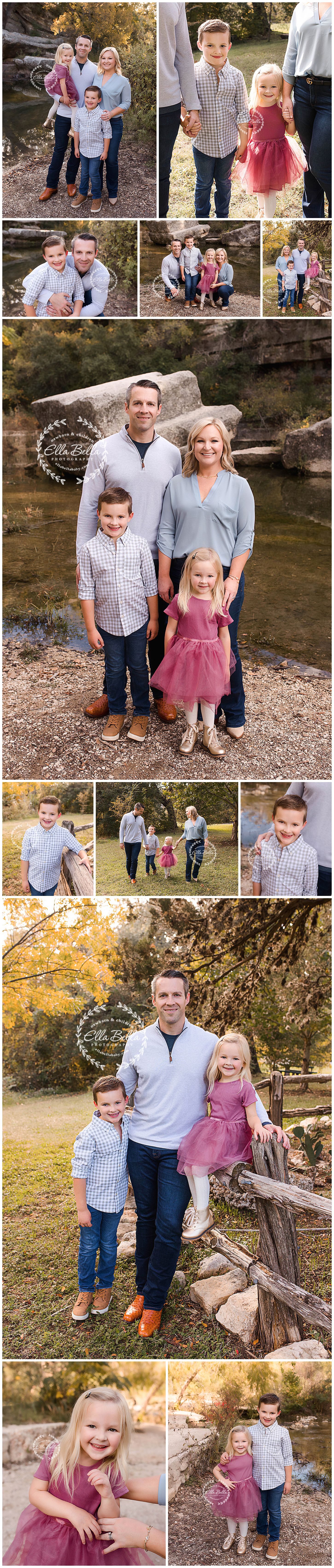 Family photo collection featuring coordinated casual outfits in natural outdoor setting with water and rocks.