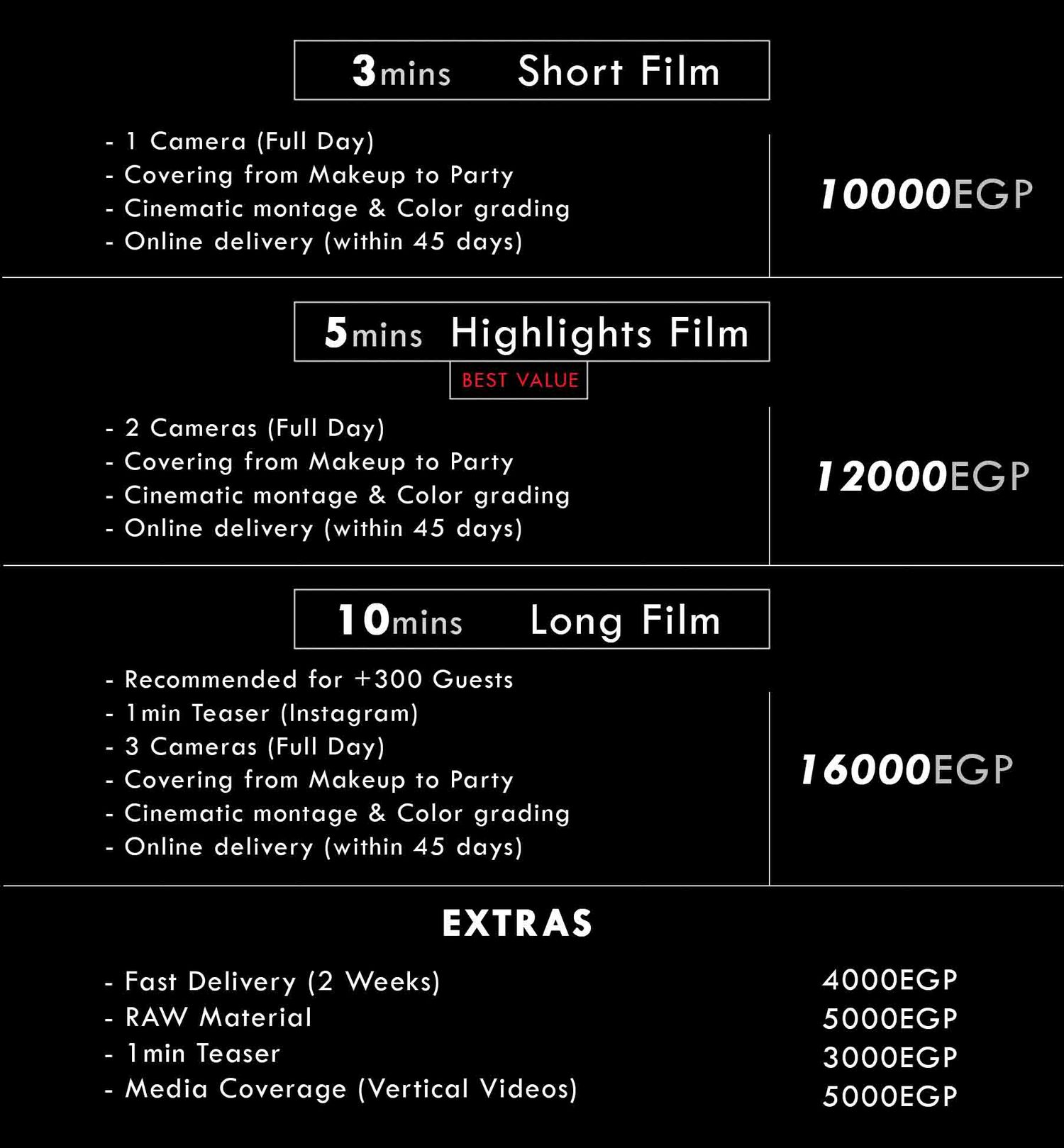 Price list for wedding film packages showing short, highlights and long film options with extras.