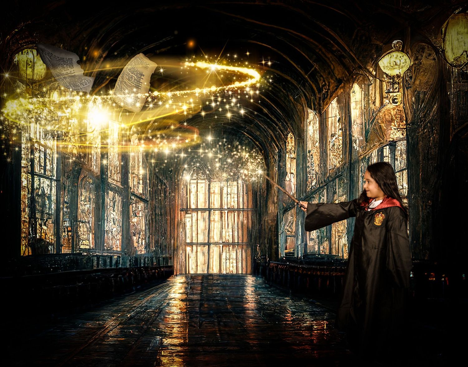 A magical corridor scene with enchanted lighting effects and gothic architecture.