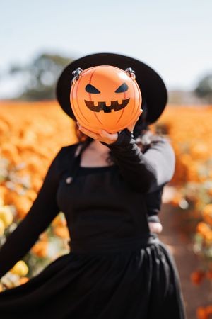 A Halloween-themed photo with someone holding a jack-o'-lantern mask in a flower field.