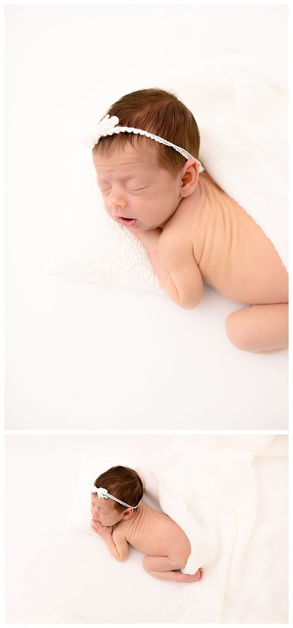 newborn baby on white blanket, white hairbow, newborn baby photographer chattanooga, photo studio ooltewah ringgold