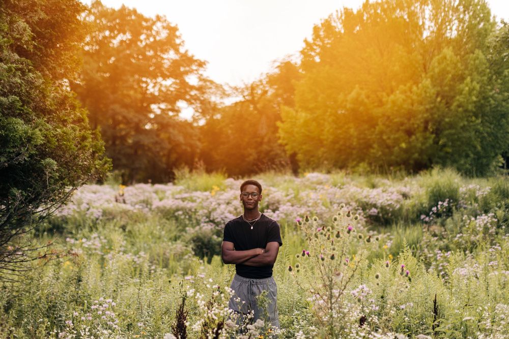 Person standing in golden sunlit meadow with trees silhouetted in background at sunset.