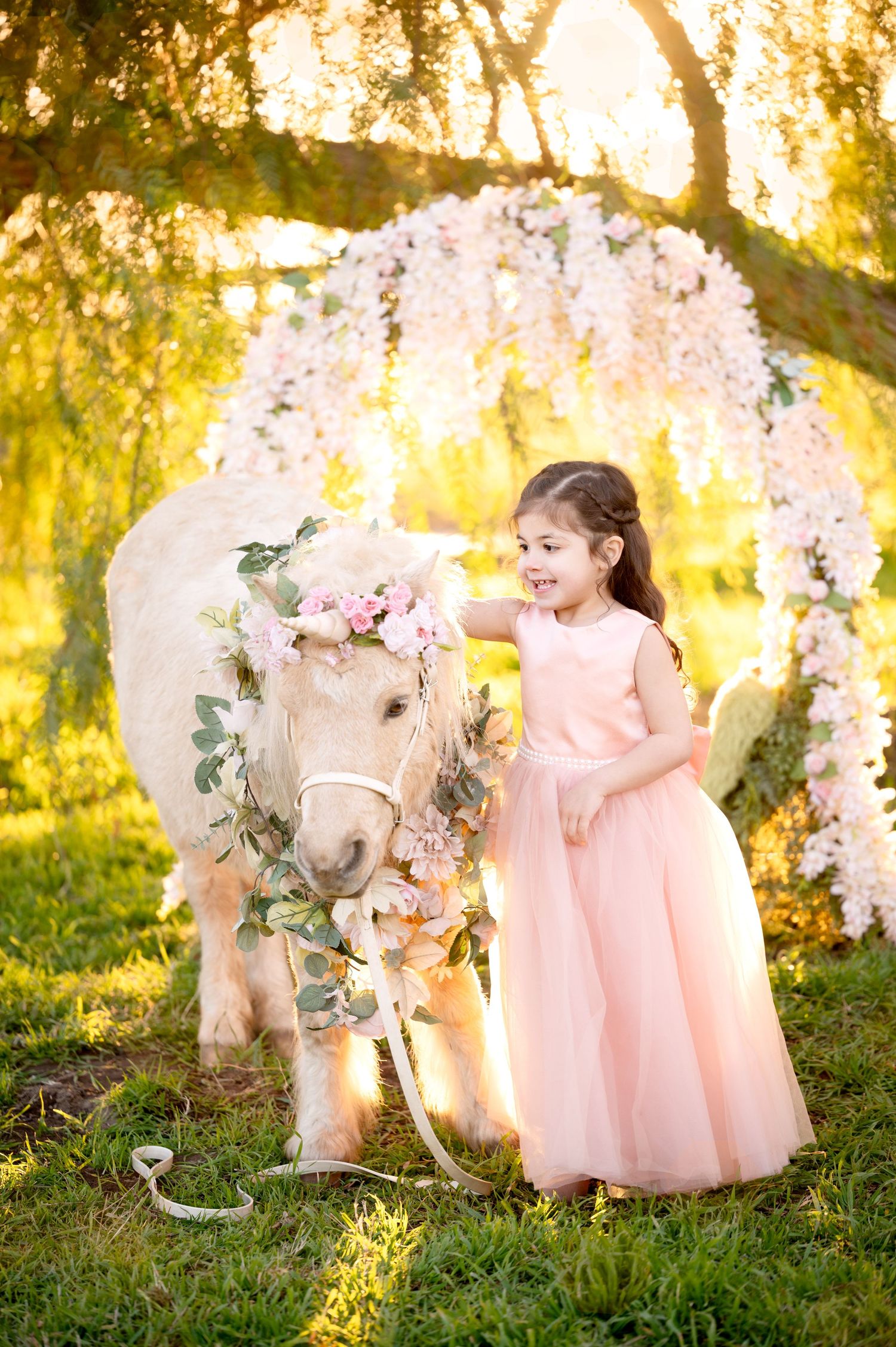 Enchanted garden portrait with flower-adorned pony and flowing pink dress.