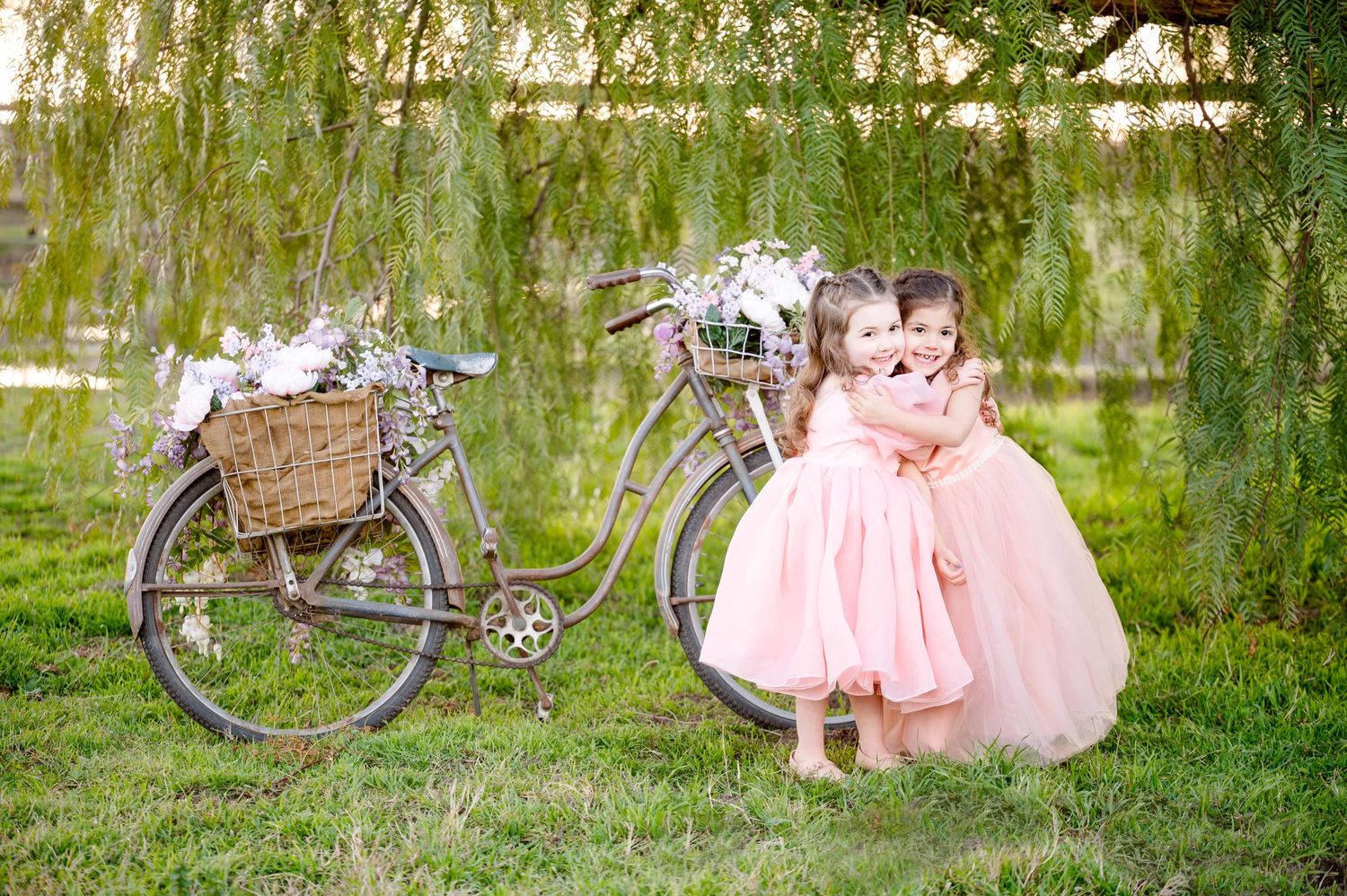 Vintage bicycle and pink tulle dress in whimsical garden setting under willow trees.