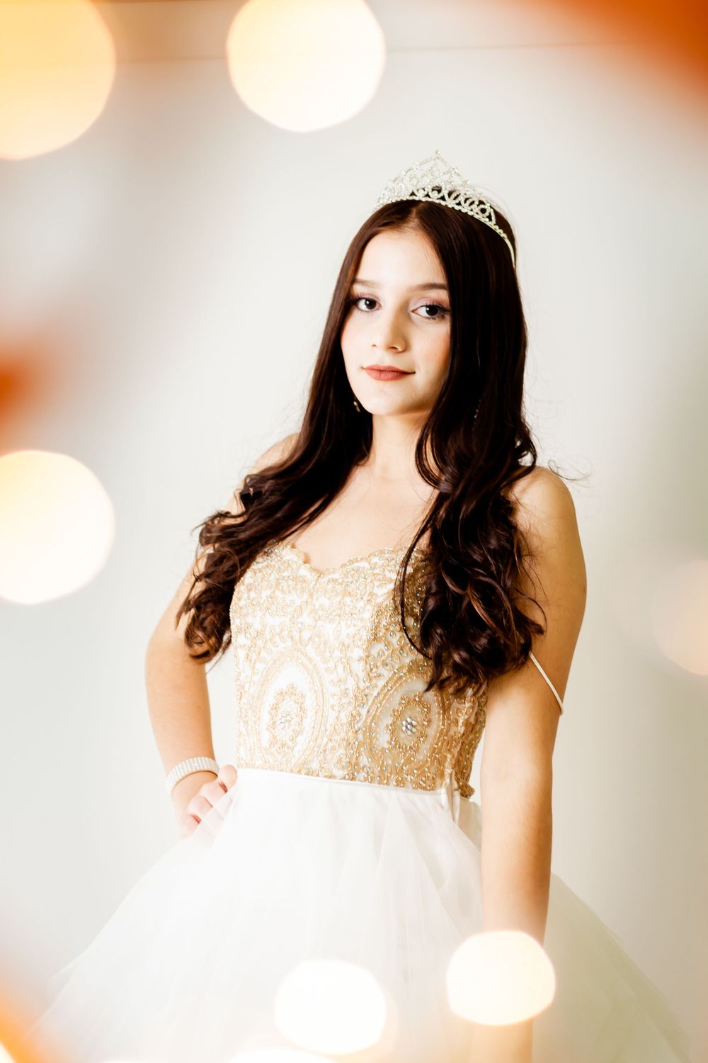 Ethereal portrait with soft lighting showcases elegant ball gown and sparkling crown details.
