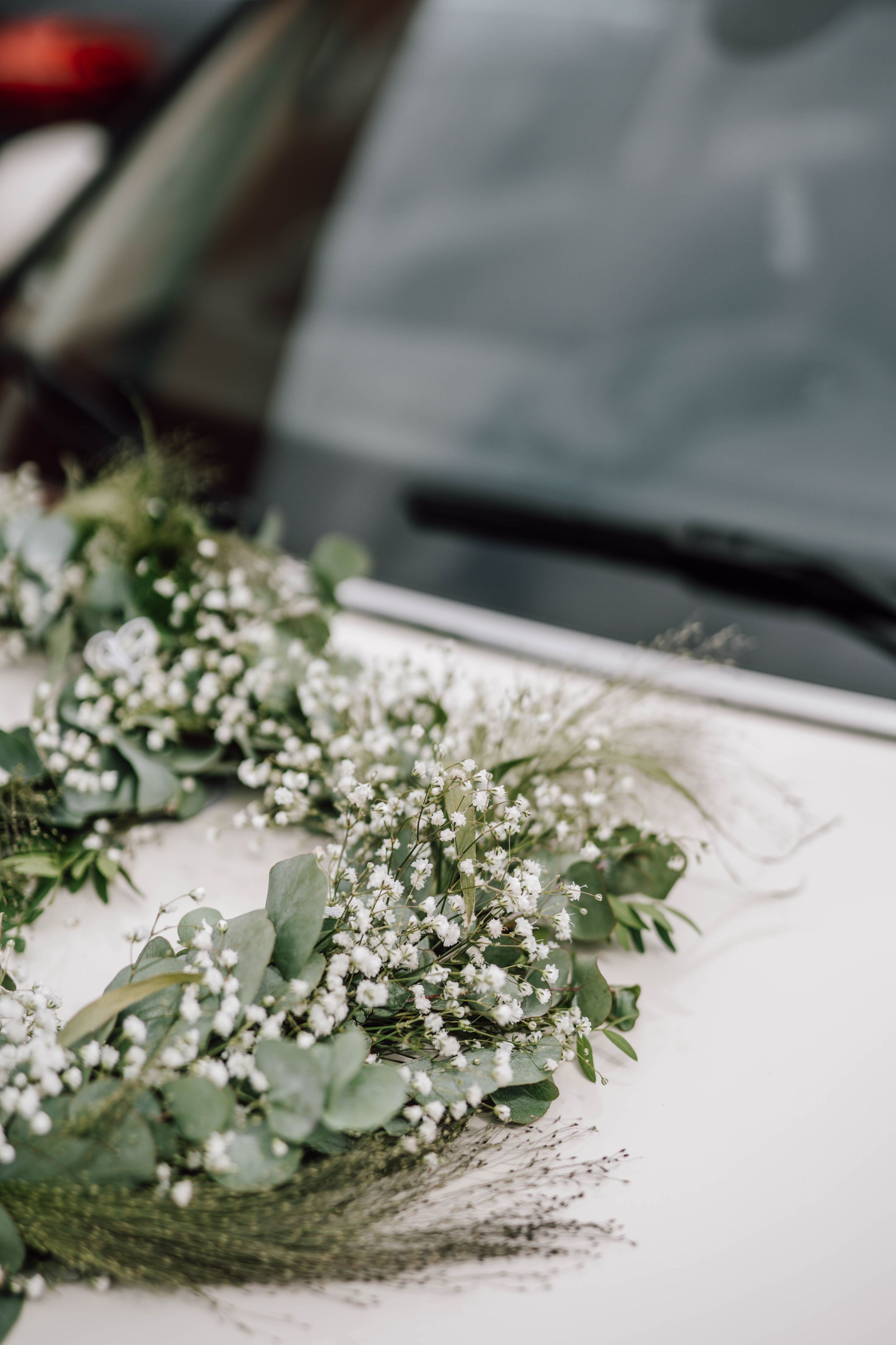 Delicate baby's breath and eucalyptus floral arrangement on white surface.