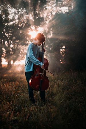 A cellist plays cello in a misty forest field with golden sunbeams streaming through trees at sunset.