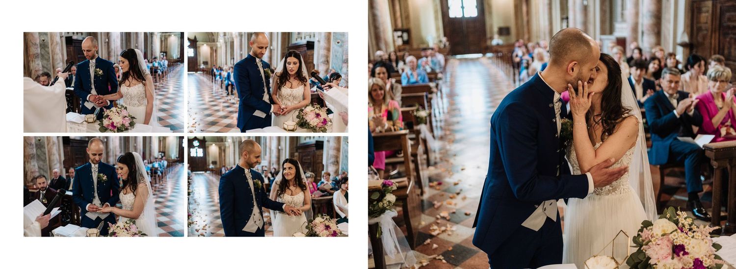 Bride and groom share a tender moment at the altar surrounded by floral arrangements during their church wedding.