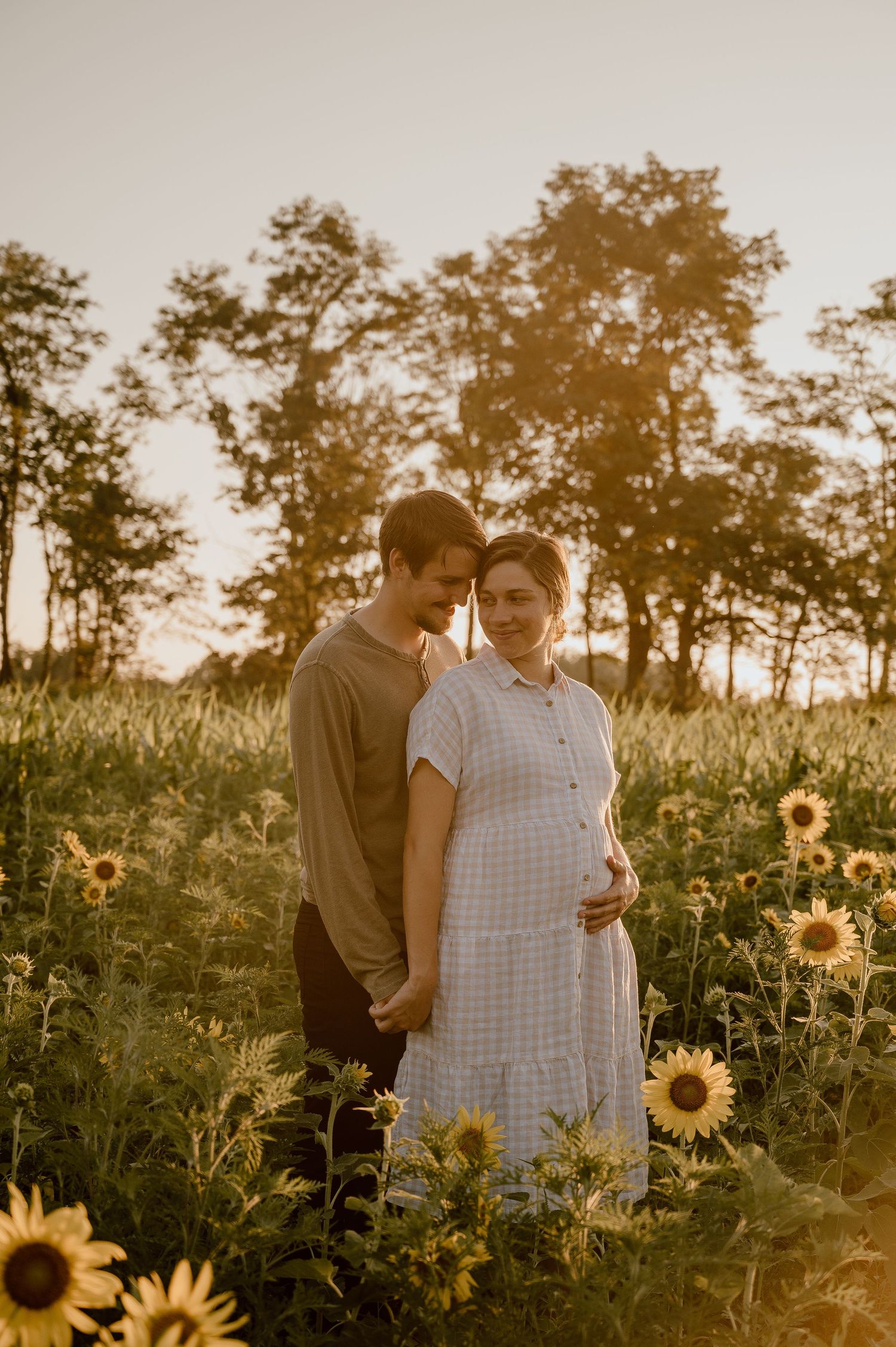 Couple stands in a field of sunflowers at sunset, white dress contrasting with golden flowers and light.