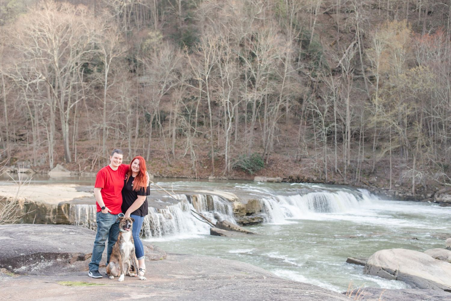 Series of scenic waterfall shots with trees and rocks in the background.