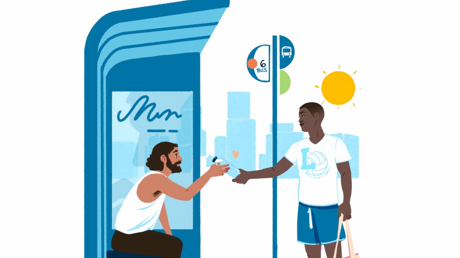 Illustrated scene showing two people exchanging drinks near a stylized blue entrance.