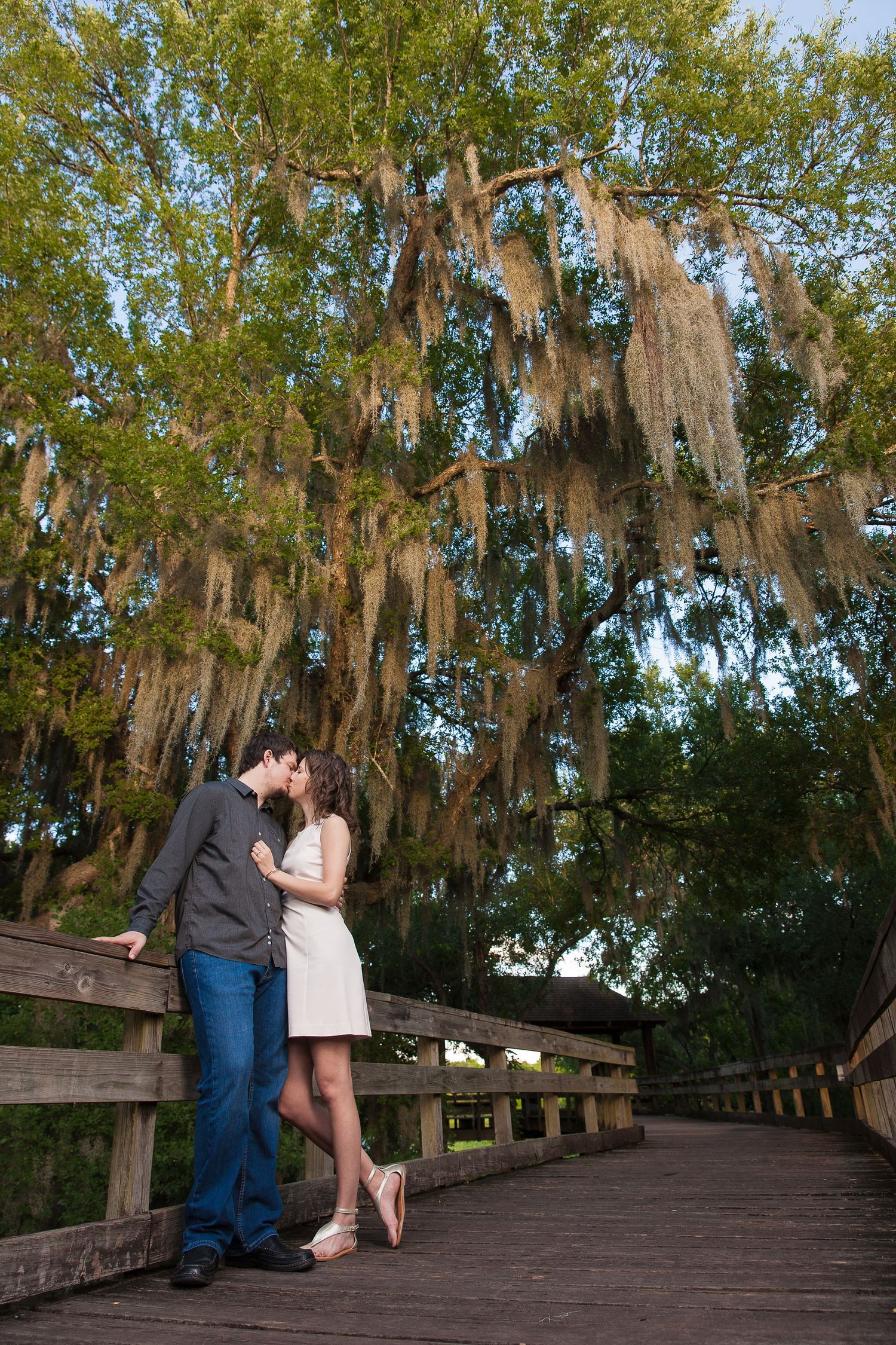 A couple shares a romantic moment on a wooden boardwalk under Spanish moss draped trees.