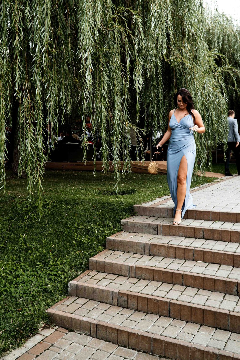 Woman in blue dress descends stone steps beneath drooping willow branches.