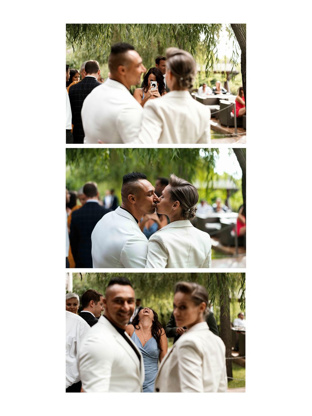 A sequence of three romantic moments at an outdoor wedding celebration under a willow tree.