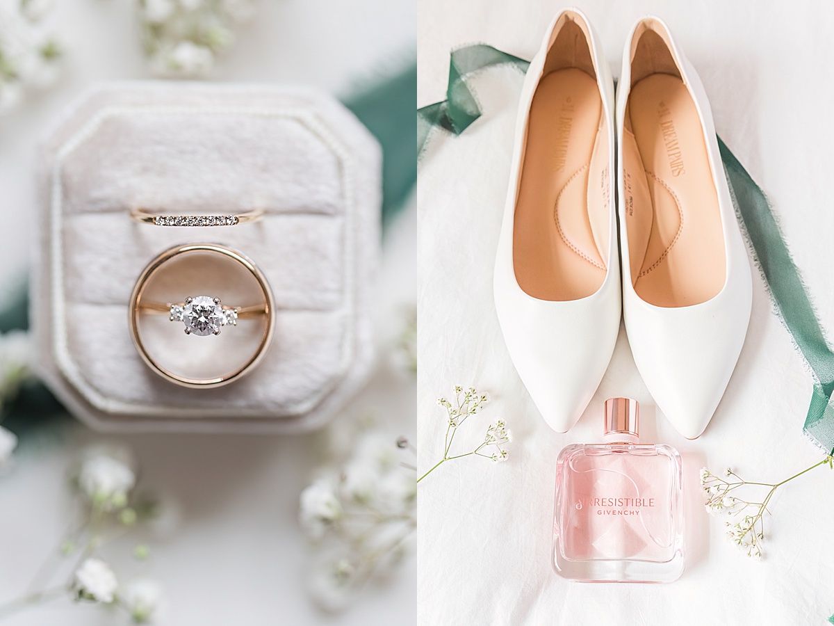 wedding details rings shoes perfume flat lay