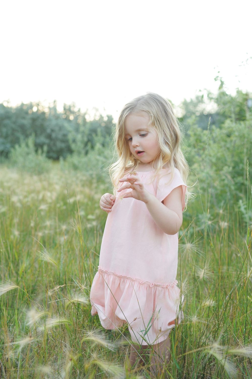 Child in pink dress explores tall grass field at sunset in Penticton, B.C.