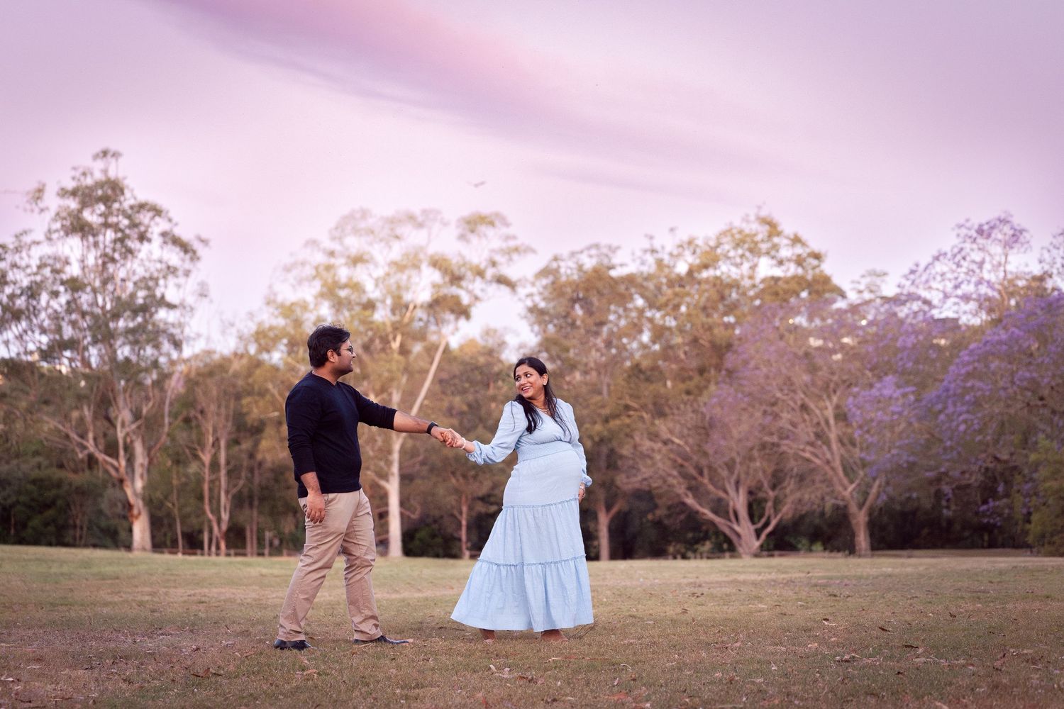 Maternity Family photoshoot with jacaranda trees Parramatta Sydney