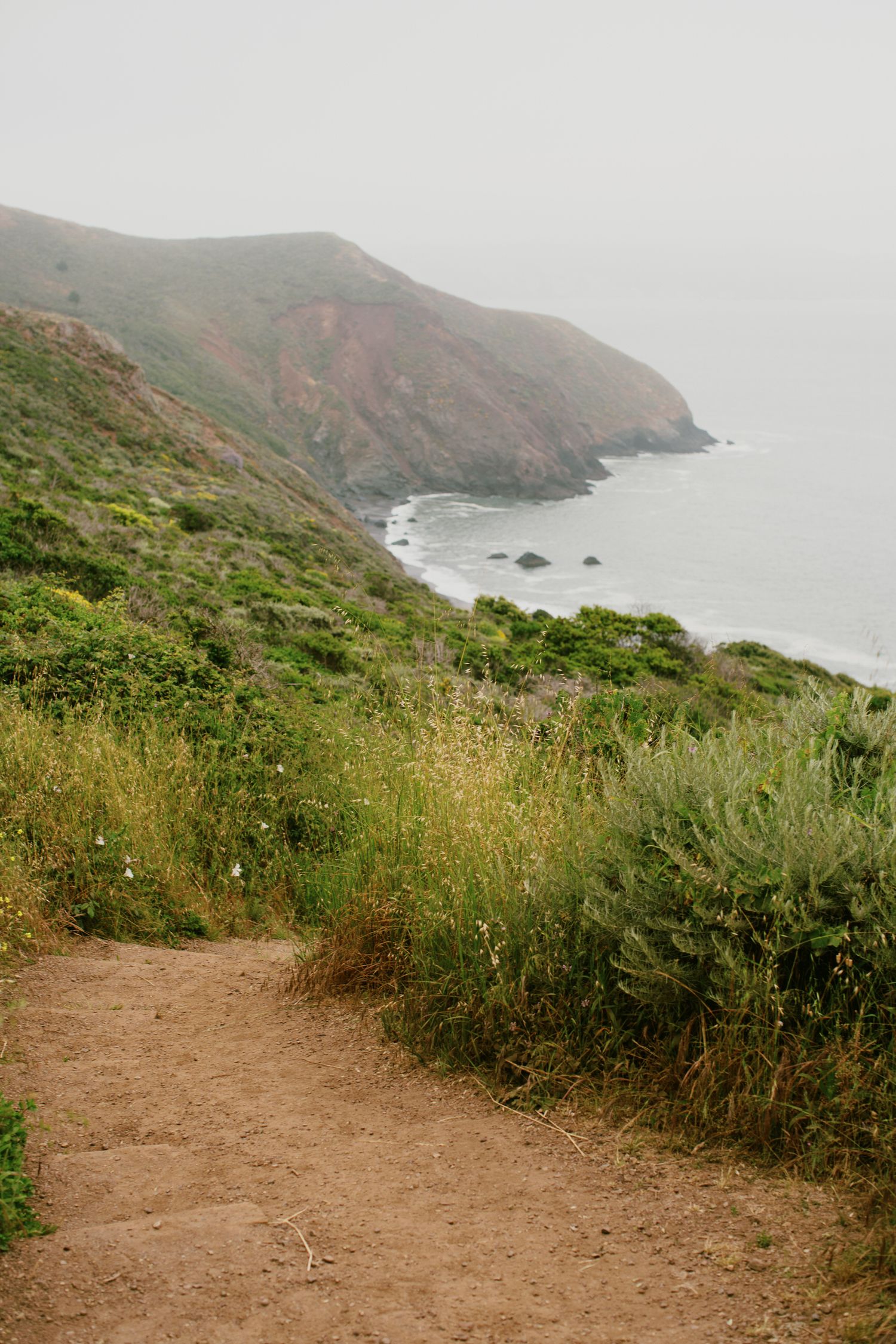 A winding dirt trail along coastal cliffs with the ocean and rocky shore below.